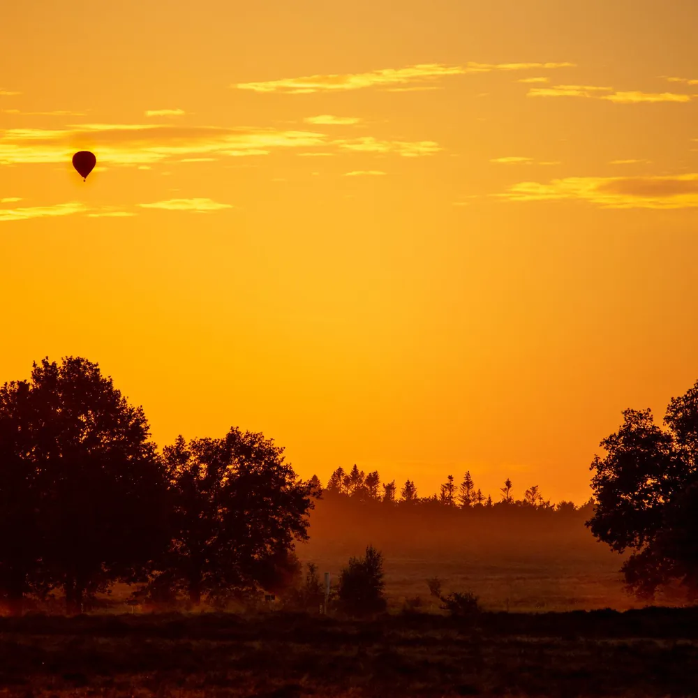 Zonsondergang met een luchtballon boven het buitengebied van Ede: rijscholen in Ede (Gelderland) vergelijken