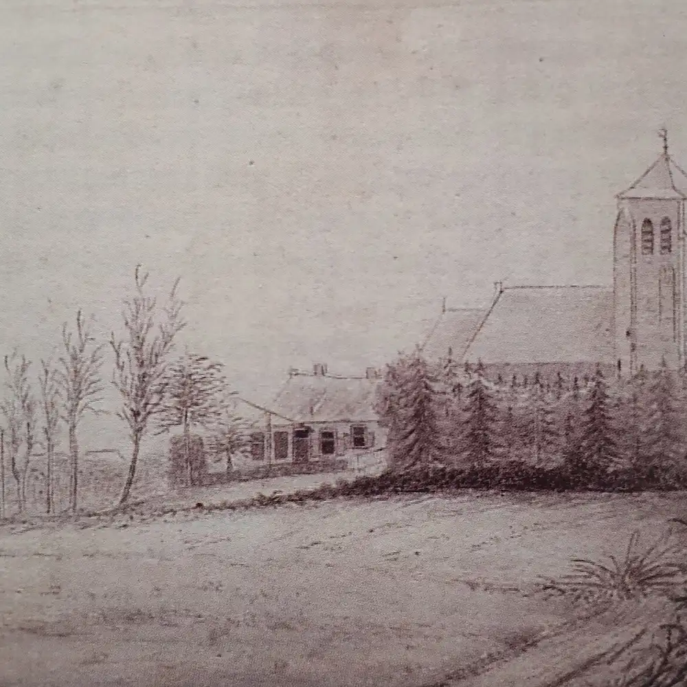 Oude tekening van een kerk en een huis bij Hapert: alle rijscholen in Hapert op een rij